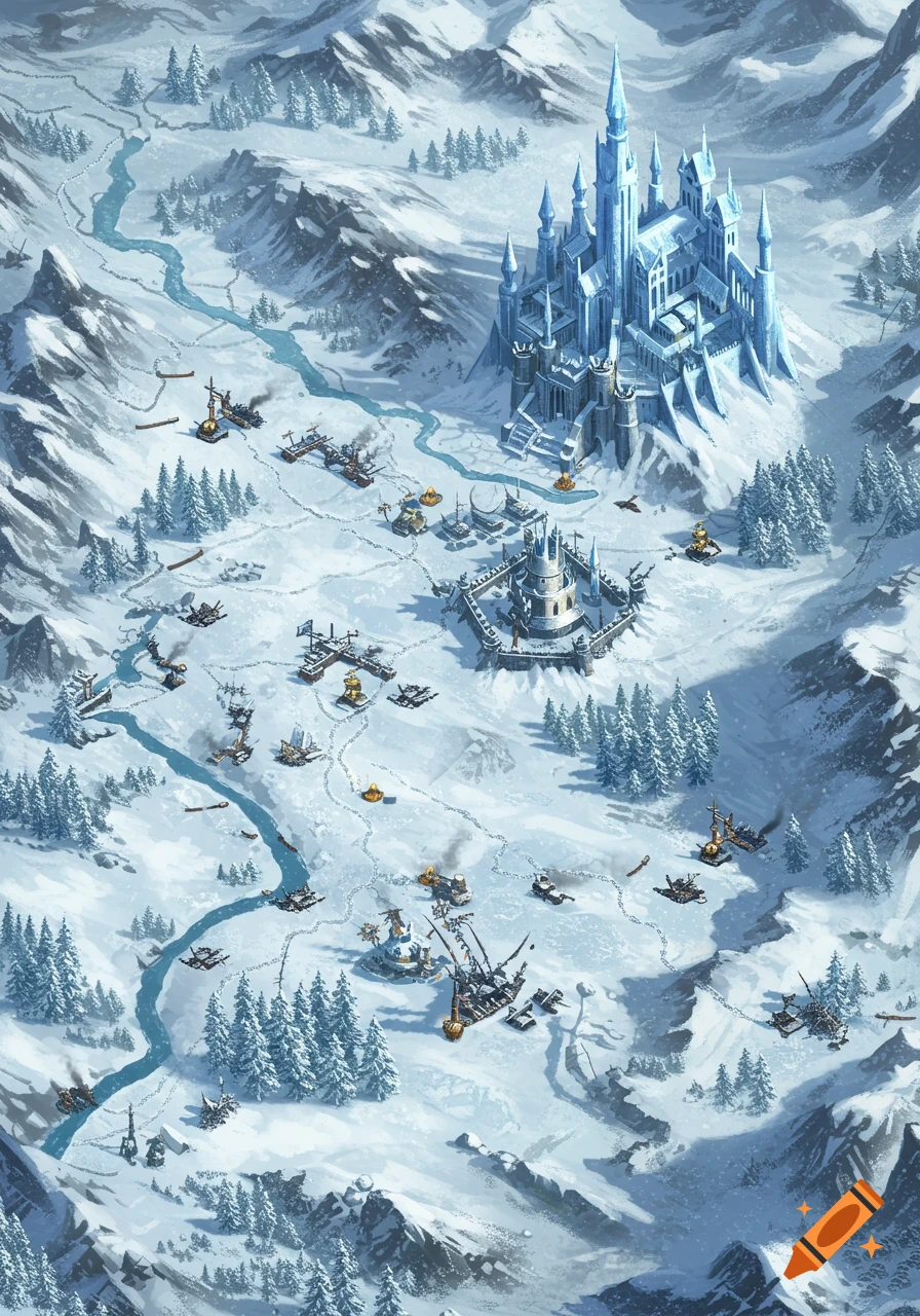 Isometric fantasy winter battle map featuring an ice castle, fortifications, a winding river, and snow-covered mountains.