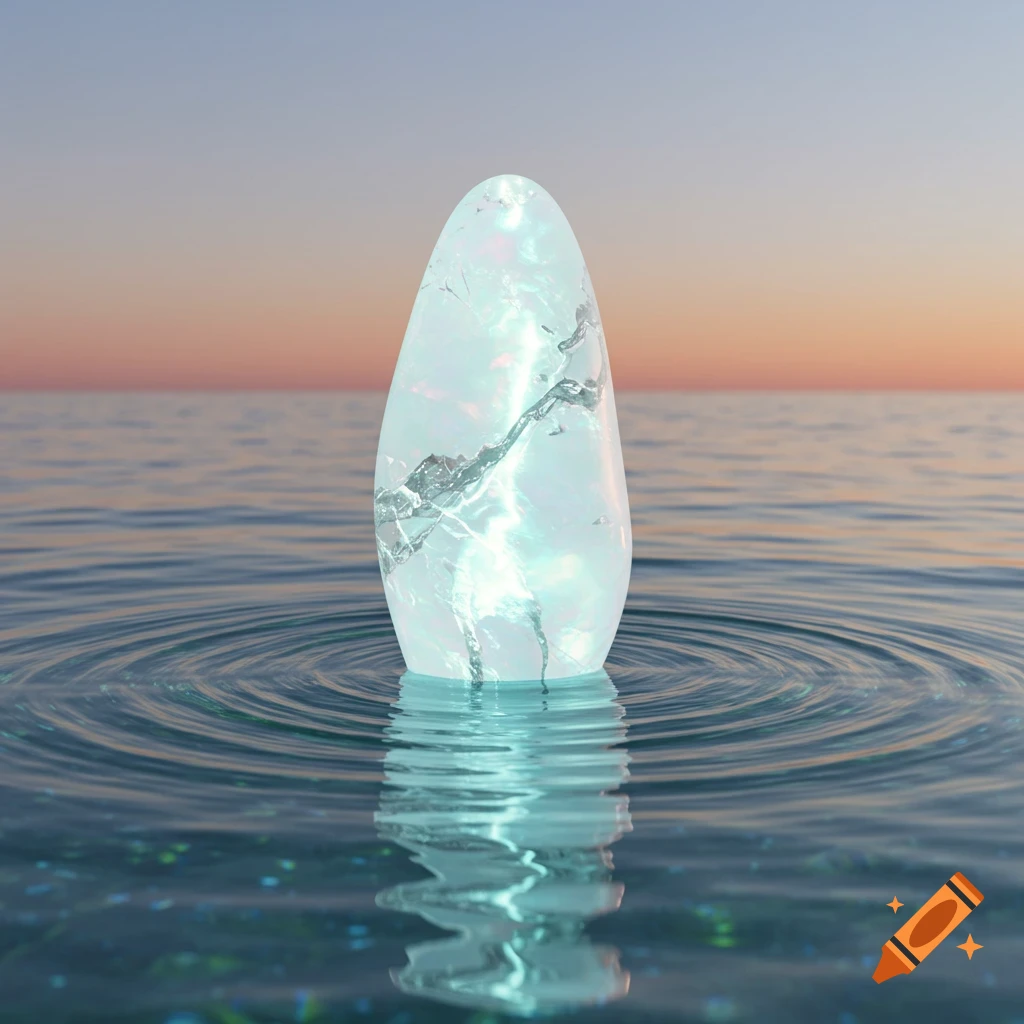 A luminous, pearly, spindle-shaped stone emerges from calm water, creating ripples, against a serene sunset sky.