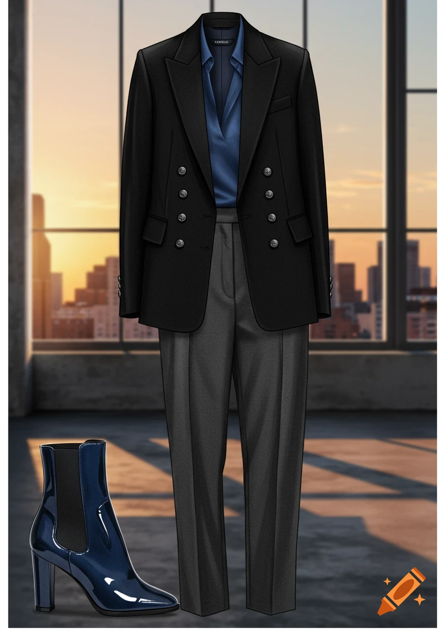 Stylized illustration of a black blazer, blue shirt, gray pants, and shiny navy ankle boots against a city skyline at sunset.