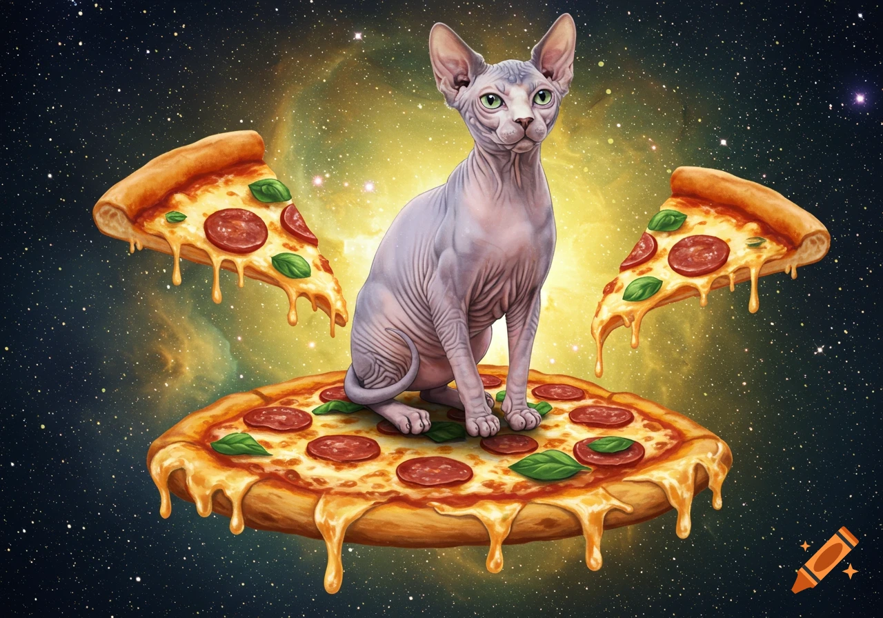 A Sphynx cat sits on a pepperoni pizza, with two slices floating, against a colorful cosmic background.