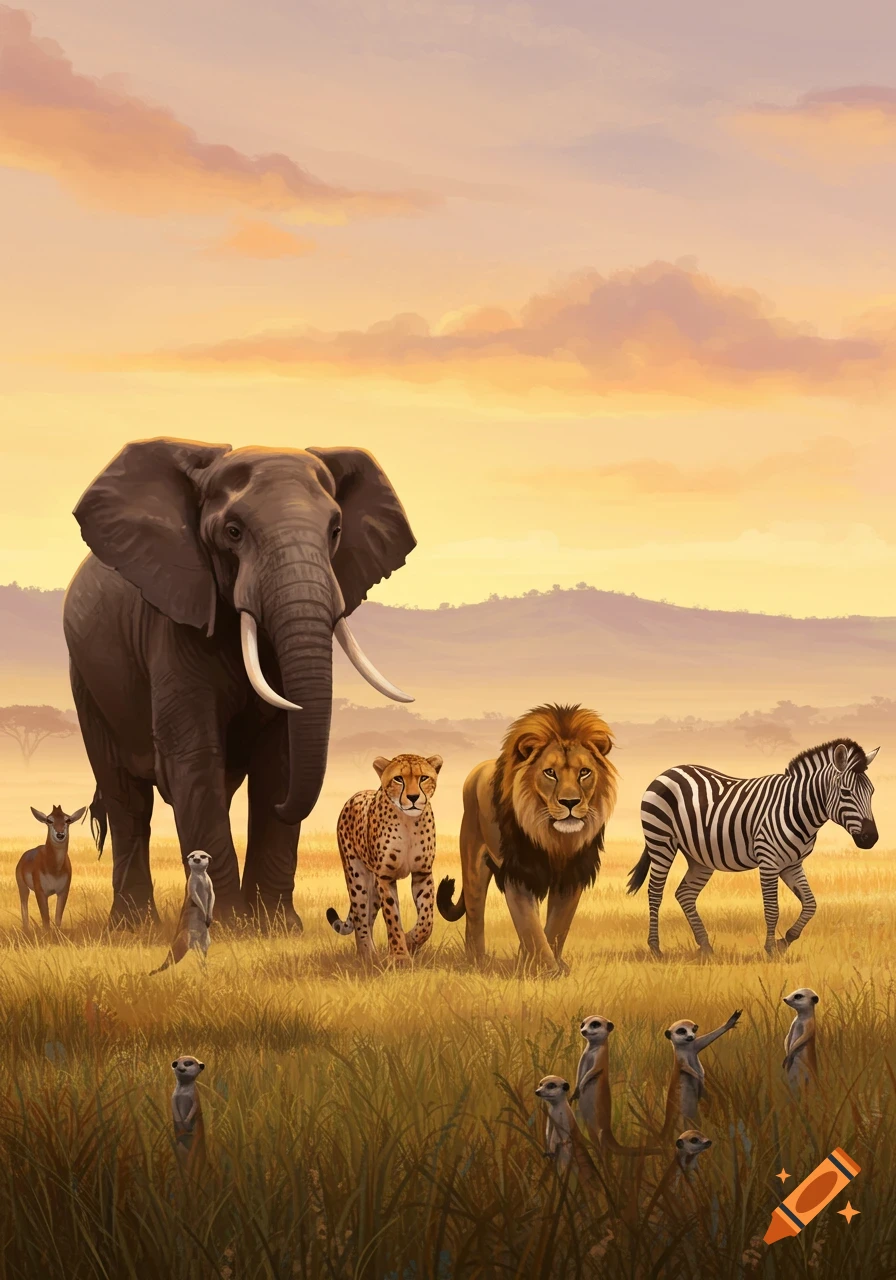 An elephant, cheetah, lion, zebra, antelope, and meerkats walk in a line across a golden savanna at sunset.