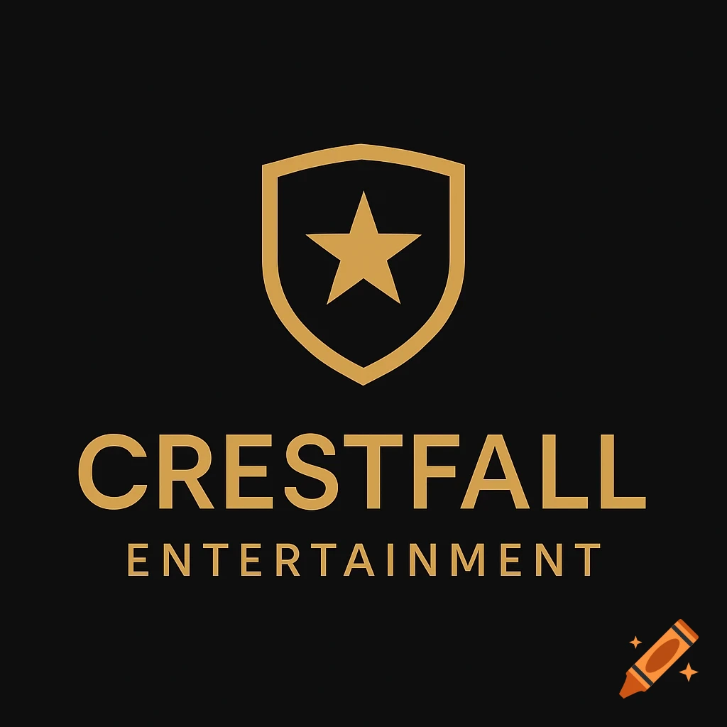 Minimalist logo for Crestfall Entertainment featuring a golden shield with a star above the company name on a black background.