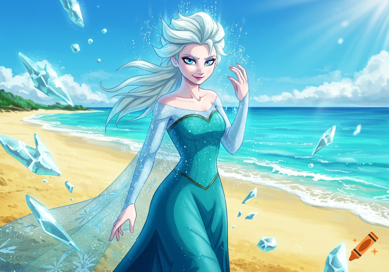 Anime Elsa with white hair in a teal dress stands on a sunny beach, surrounded by flying ice shards and ocean.