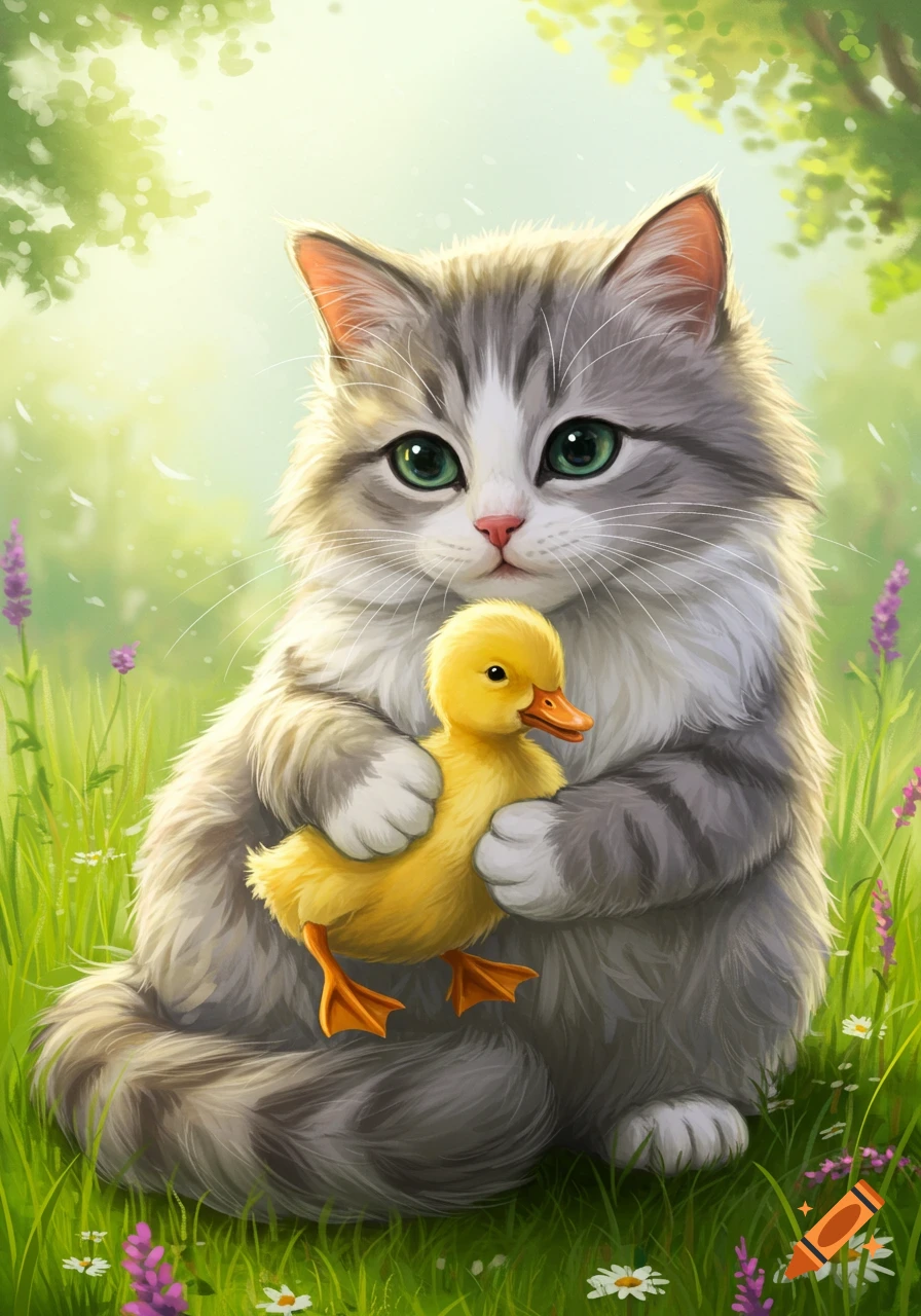 A fluffy gray and white cat gently hugs a yellow duckling in a sunny grassy field with flowers and trees, illustrated style.