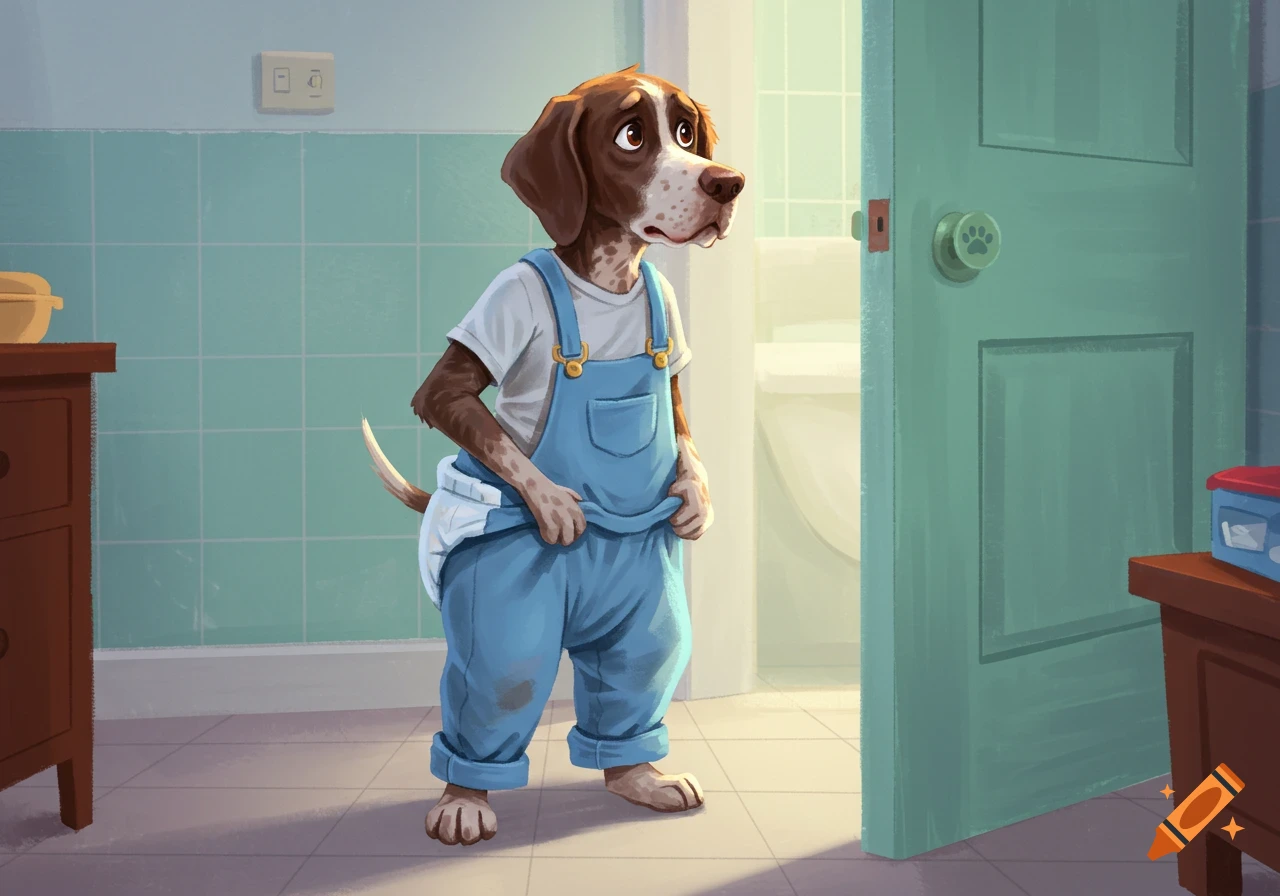 An illustration of a worried pointer dog character in blue overalls and a diaper, standing in a bathroom.