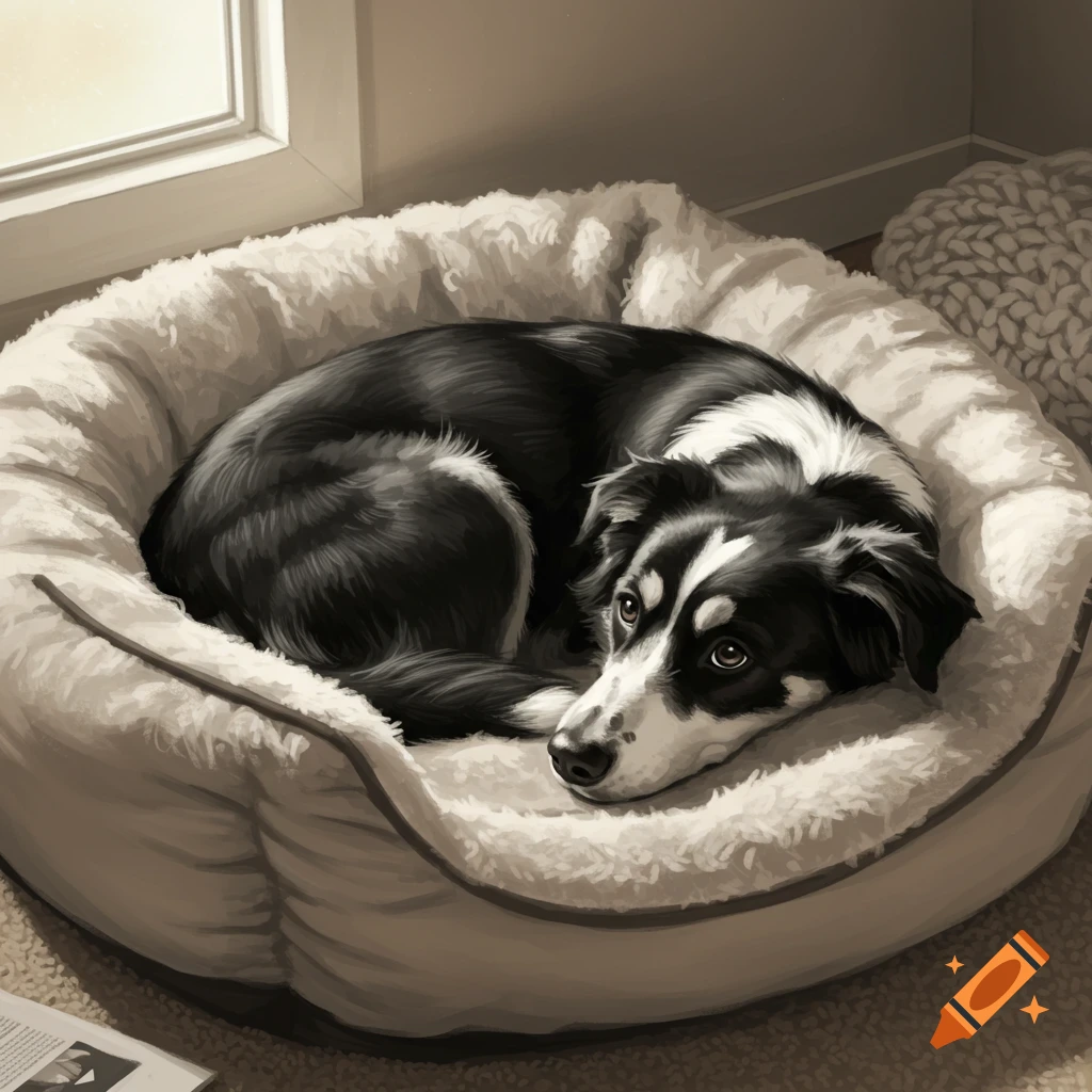 A black and white dog with big brown eyes curls up in a fluffy, round dog bed, next to a window.