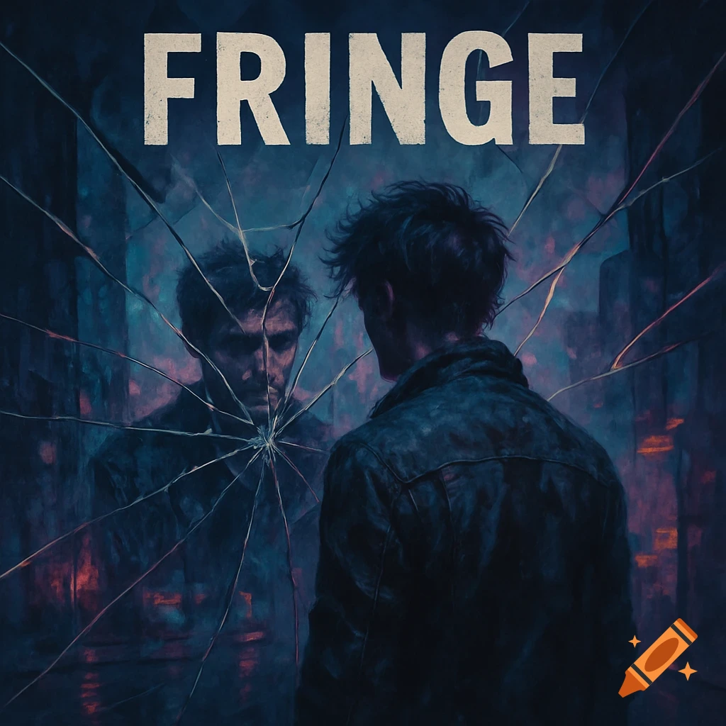 A man with messy hair looks at his somber reflection in a broken mirror, with the word 'FRINGE' at the top, in a dark, dramatic art style.