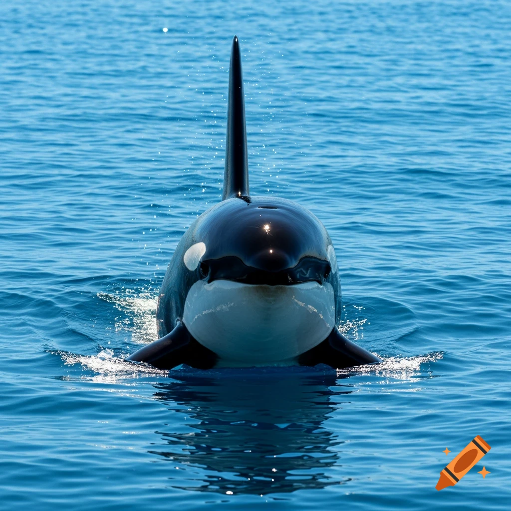 A photorealistic close-up of a killer whale's head and dorsal fin emerging from the blue ocean water, facing forward.