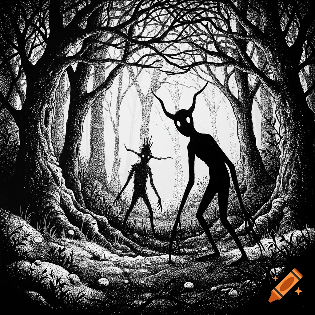 Two tall, silhouetted horned figures stand in a dark, gnarled forest, in a black and white ink sketch.