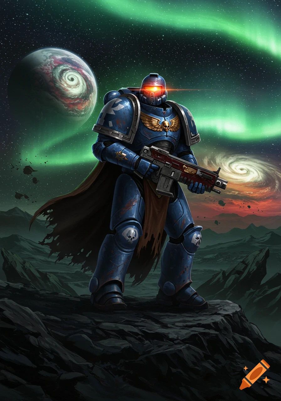 A blue armored Space Marine stands on a rocky alien planet, holding a rifle, beneath a green aurora, distant planet, and galaxy.