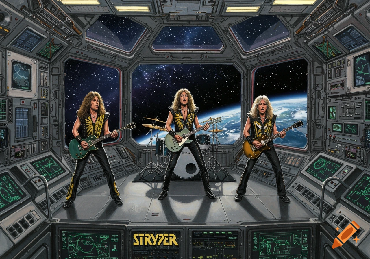The rock band Stryper performs in a detailed space shuttle cockpit overlooking Earth and stars, playing electric guitars in an illustrated style.