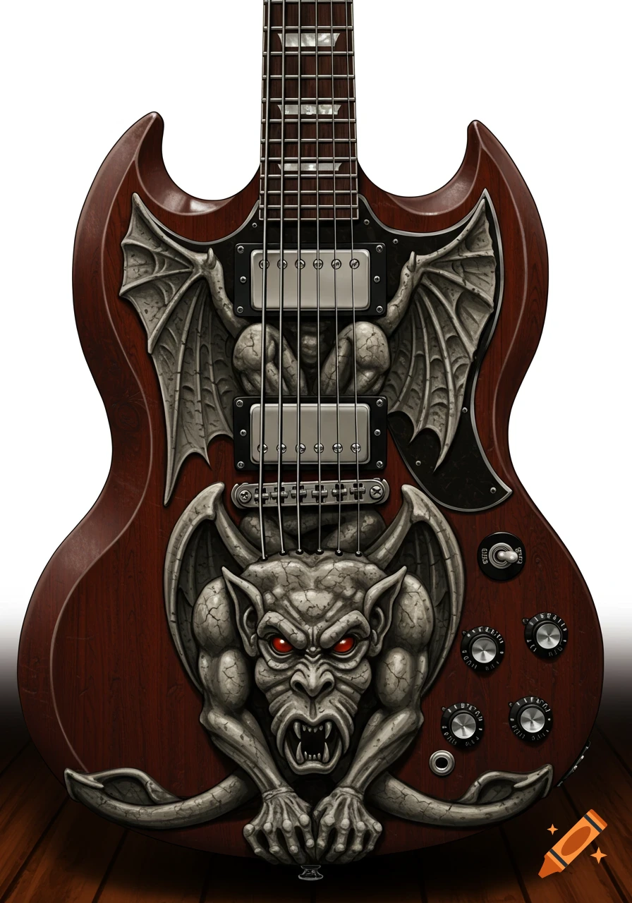 A dark wood Gibson SG style guitar with detailed grey gargoyle carvings on the body, featuring red eyes.