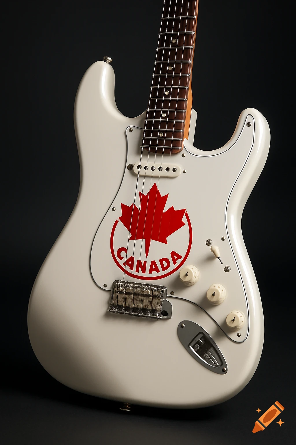 A close-up of a white Fender-style electric guitar with a red Canadian maple leaf logo and 'CANADA' text on its body.