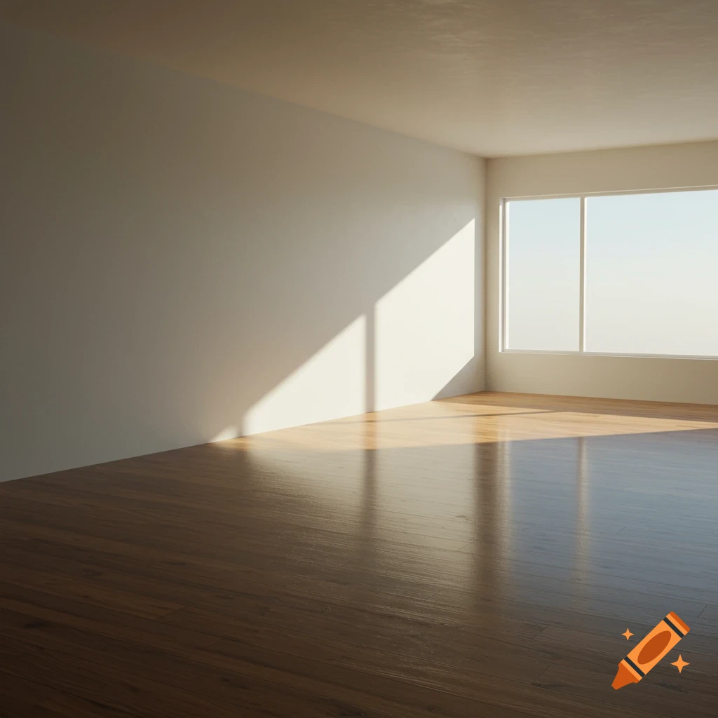 Photorealistic image of an empty room with white walls, wooden floor, and sunlight streaming through a large window.