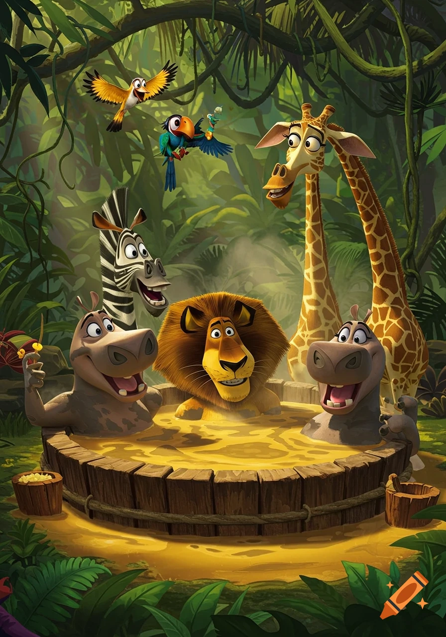 Alex the lion, Marty the zebra, and two hippos enjoy a mud hot tub in a jungle with Melman the giraffe and birds.