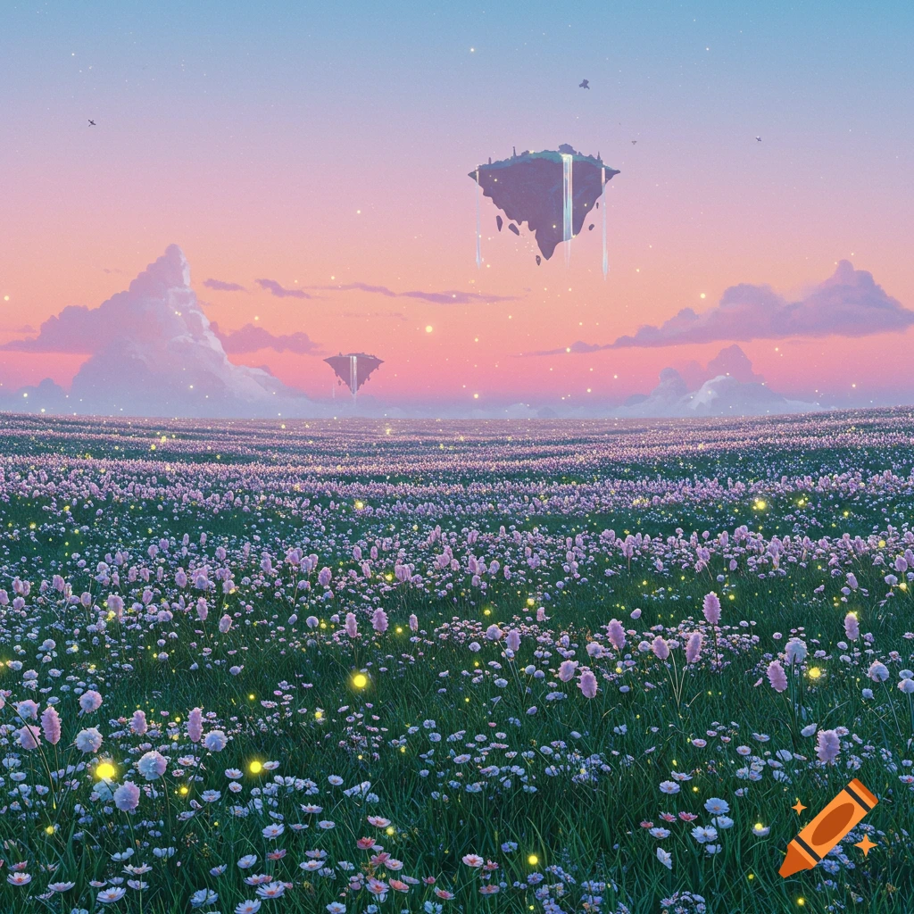 Fantasy landscape with a field of purple and white flowers, glowing orbs, and floating islands with waterfalls under a pastel sky.