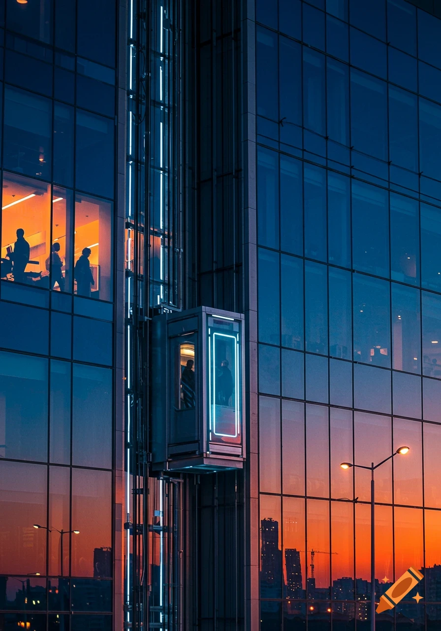 A modern glass office building at dusk with an illuminated elevator and people silhouetted in windows, reflecting a vibrant orange sunset.