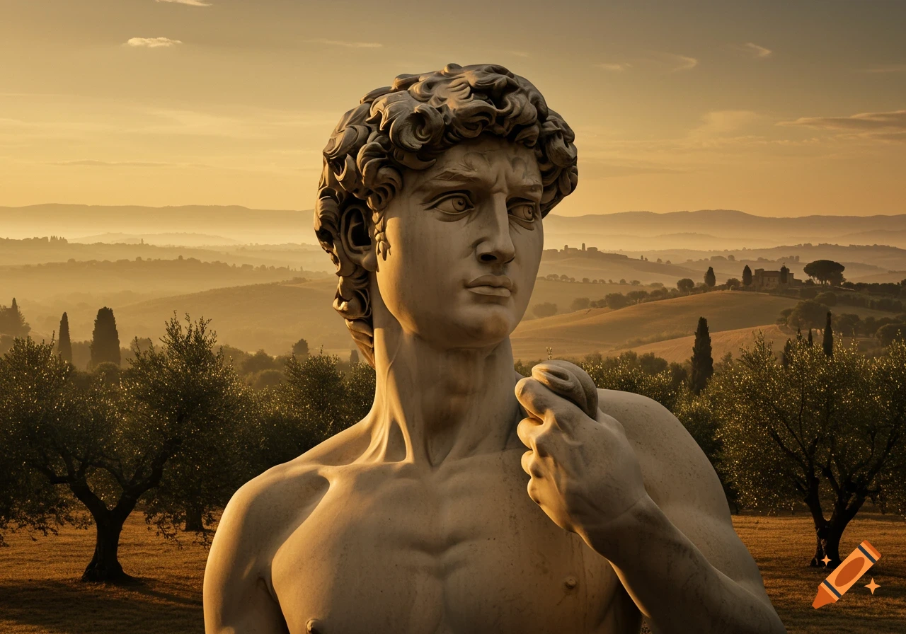 Marble statue of David in a photorealistic style, with a golden, hazy Tuscan landscape at sunset in the background.