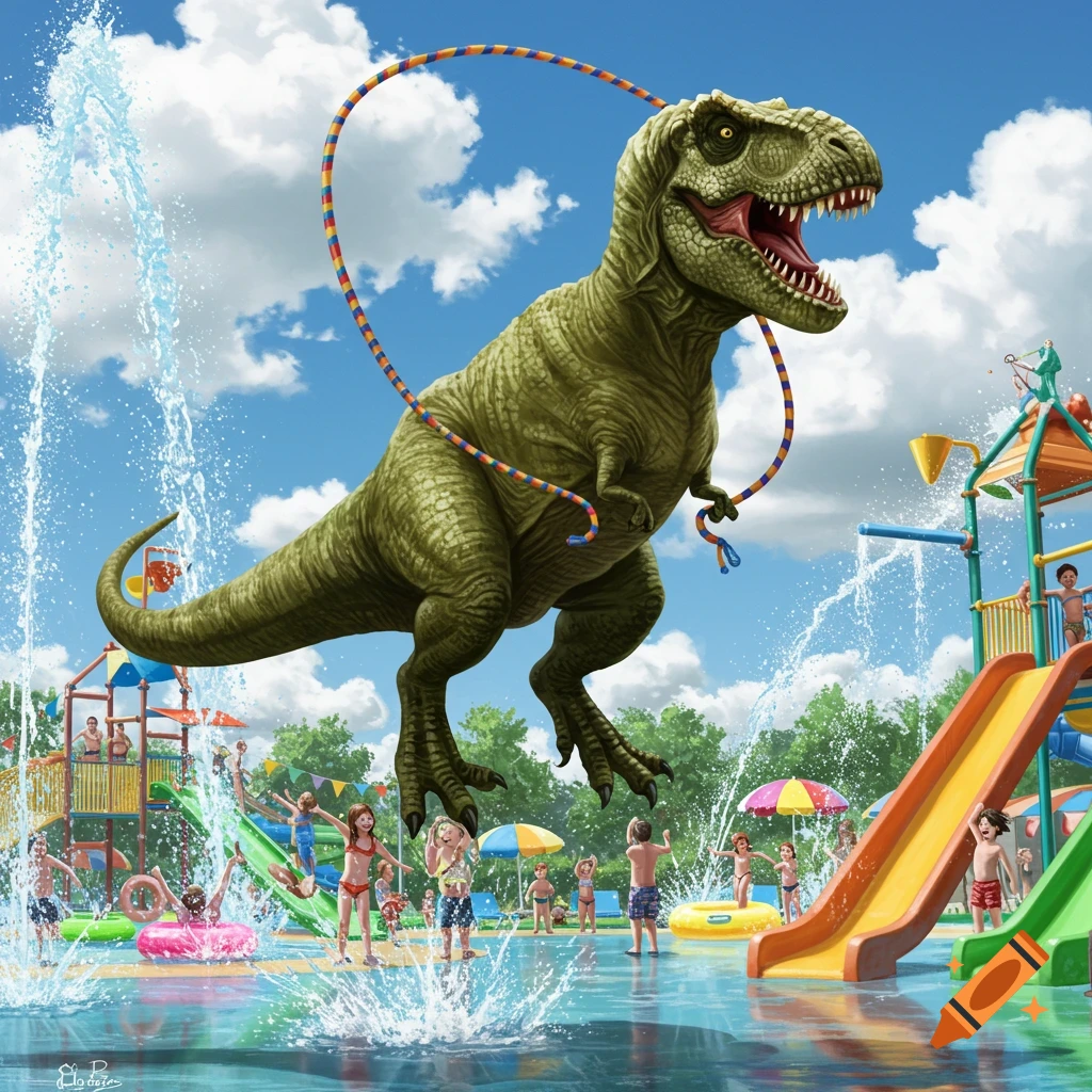 A massive T-Rex jumps rope in a vibrant water park with children playing on slides and splashing in the water. Illustration.