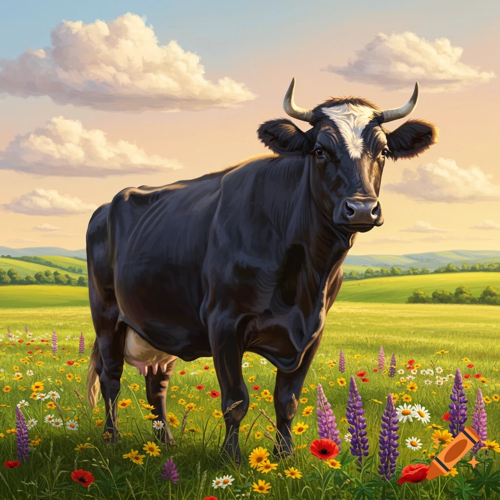 A black and white cow stands in a vibrant wildflower meadow under a bright sky, rendered in a painterly style.