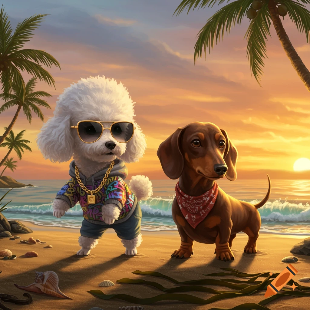 A white poodle in sunglasses and hoodie and a brown dachshund in a bandana on a beach at sunset. Digital art.