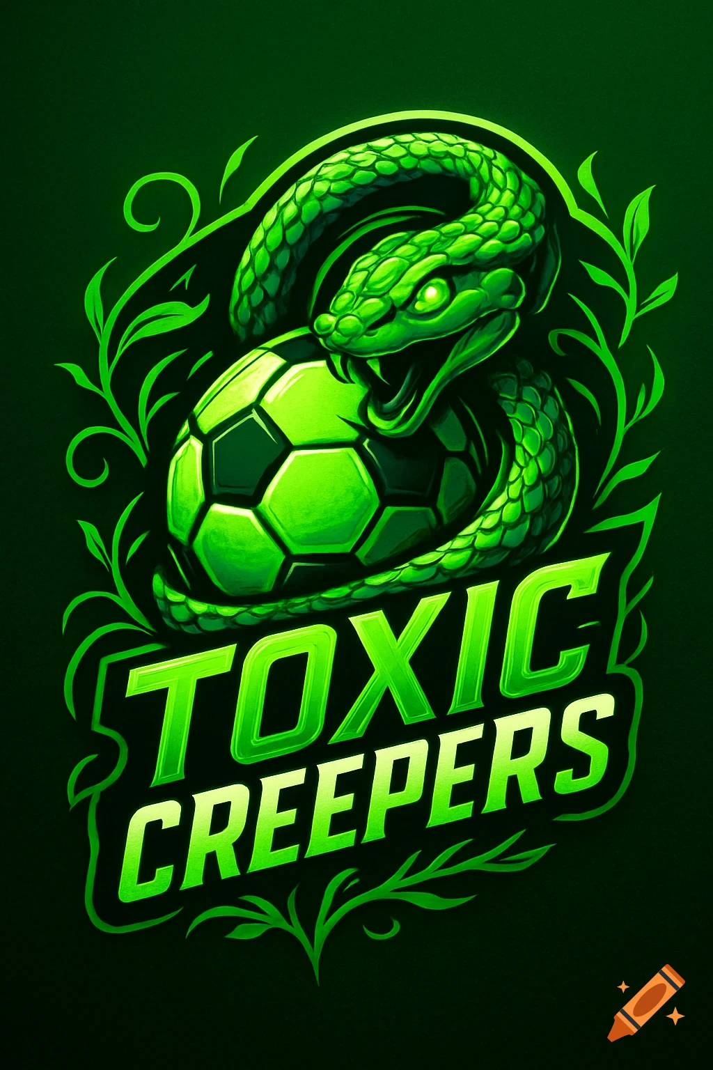Vibrant green logo featuring a coiled snake with glowing eyes atop a soccer ball, with the text "TOXIC CREEPERS" below.
