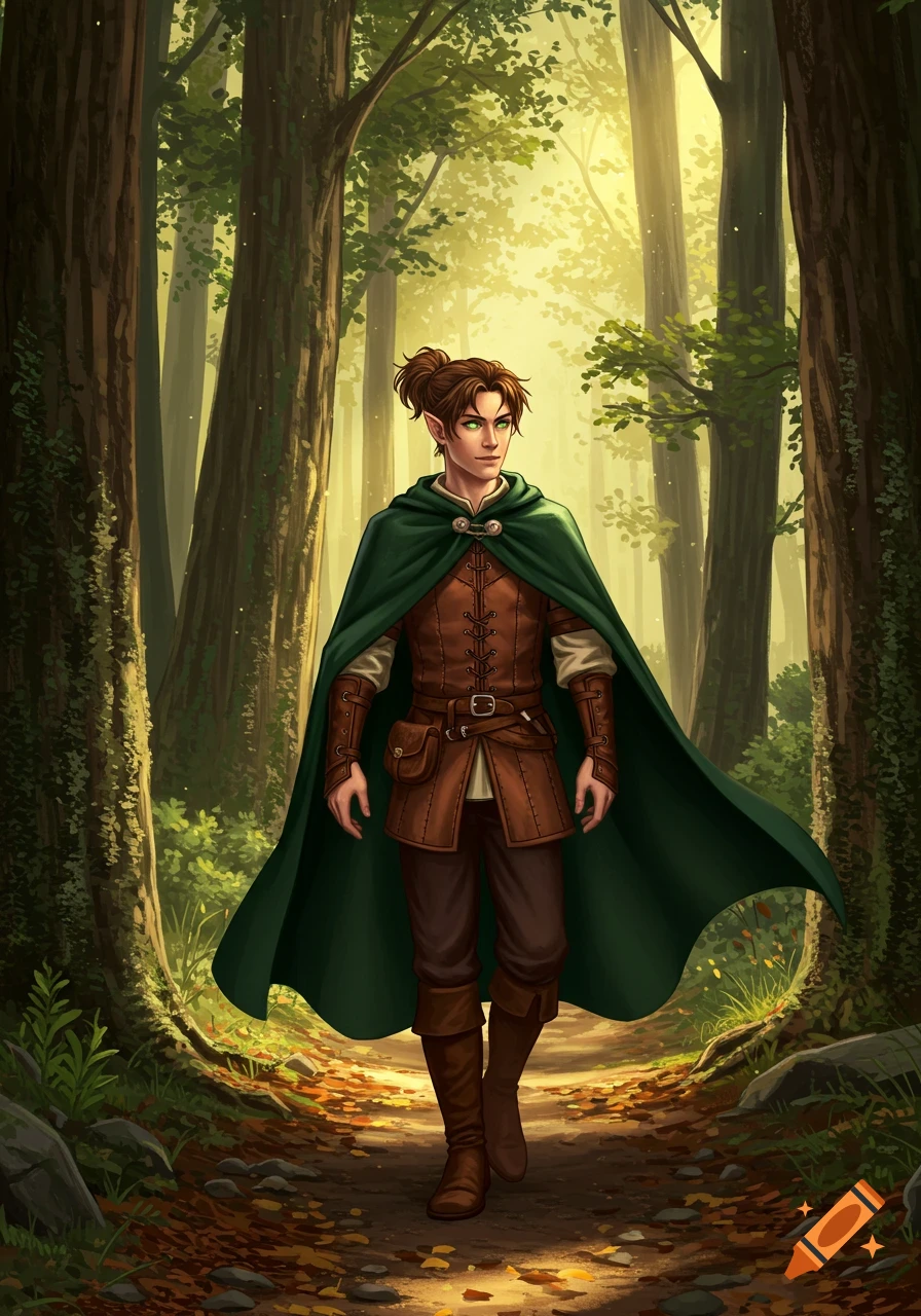 A male elf in a green cloak and leather clothes walks on a path through a sunlit forest, digital art.