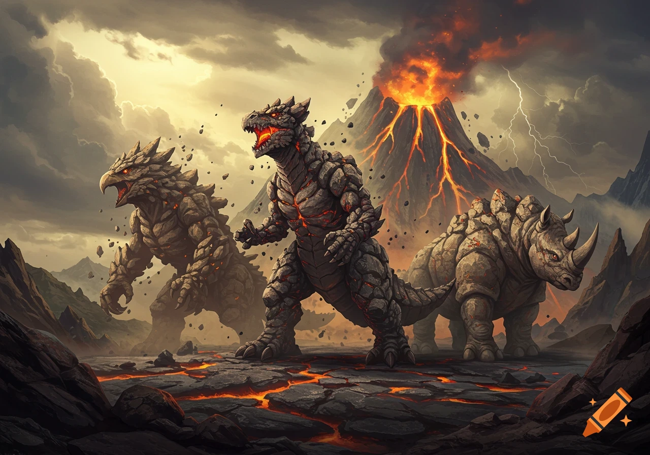 Three giant rock and lava monsters, an eagle, a dinosaur, and a rhino, stand on cracked earth as a volcano erupts in the background, with lightning striking.