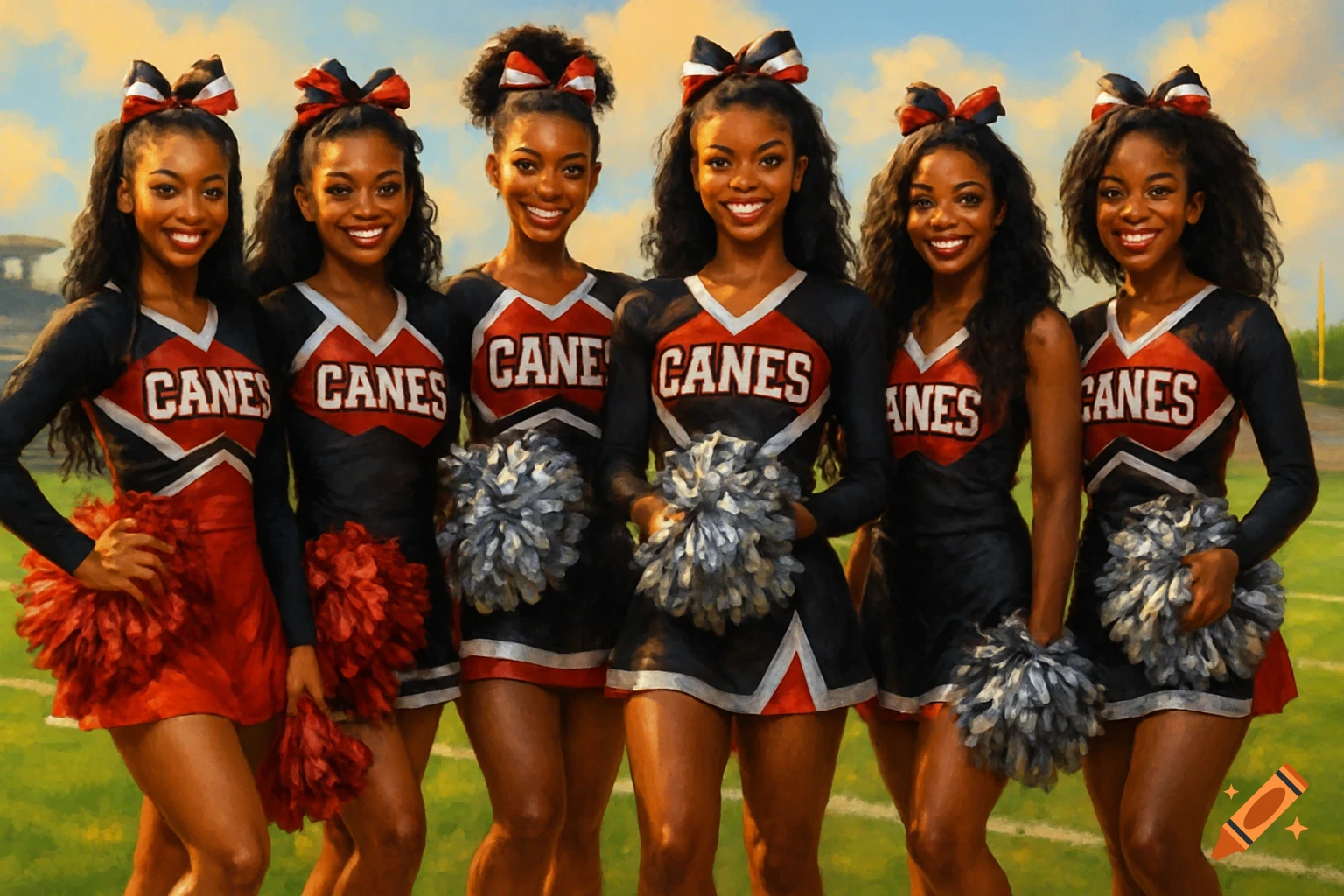 Six African American cheerleaders in red and black uniforms on a football field, holding pom-poms and smiling.
