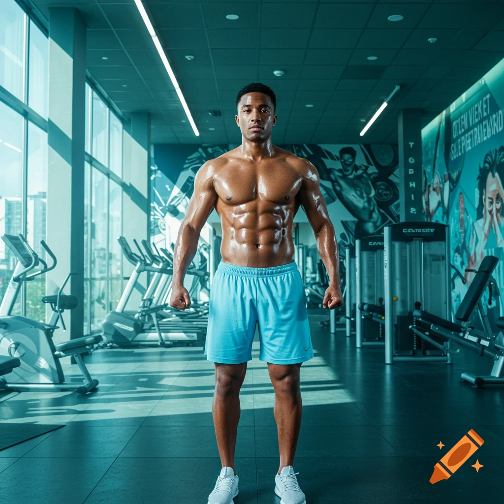 Muscular African American man in light blue shorts poses shirtless in a well-lit gym, surrounded by equipment.
