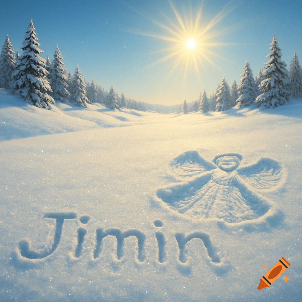 Sunny winter landscape with snow-covered trees, a snow angel, and 'Jimin' written in the snow.