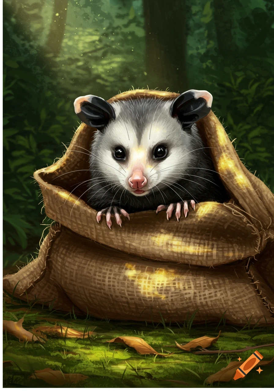 Stylized illustration of a cute possum peeking out of a brown burlap sack in a vibrant green forest.