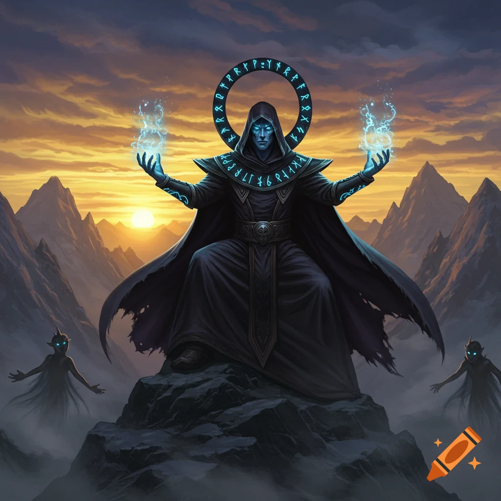 Dark robed wizard with glowing runes and blue eyes atop a mountain at sunset, flanked by shadowy figures, in a fantasy illustration.