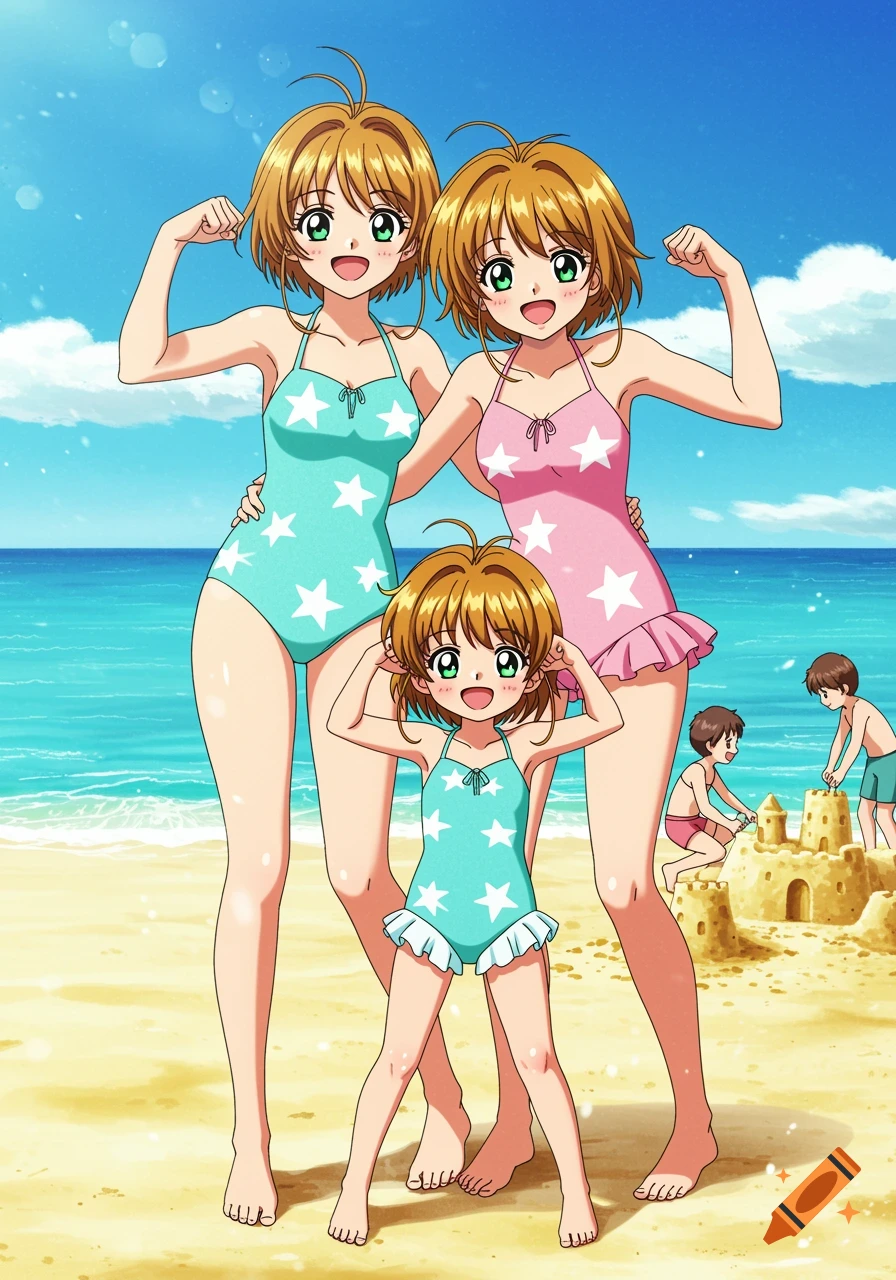 Anime women and child in star-patterned swimsuits flexing at a sunny beach.