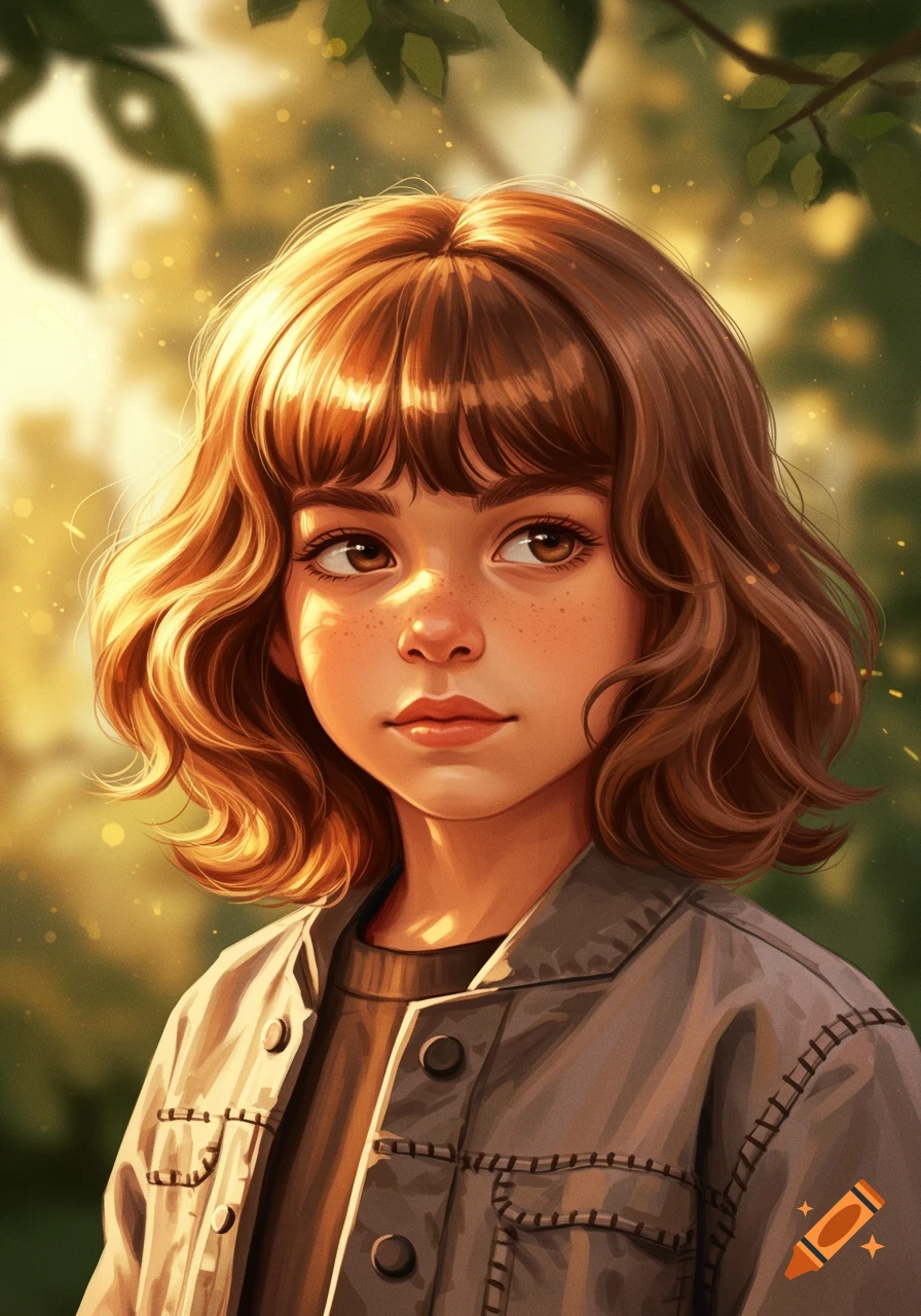 Stylized illustration of a light brown-haired child with bangs and a jacket, looking right in soft sunlight.