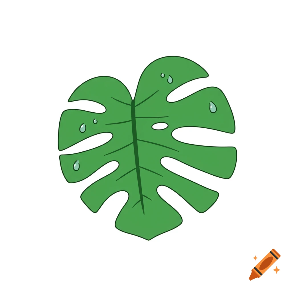Cartoon illustration of a green monstera leaf with water droplets on a white background.