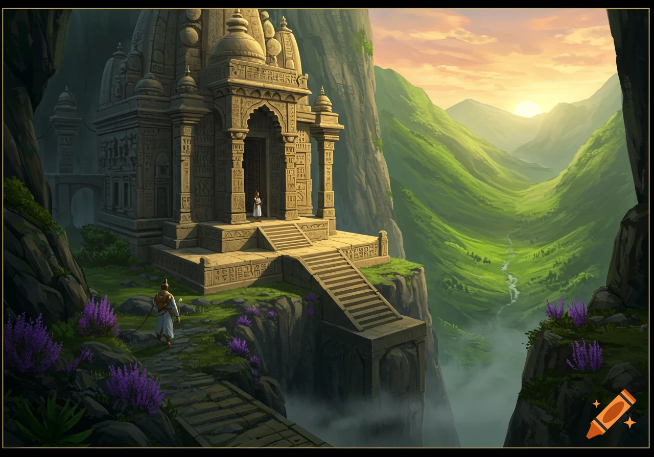 A fantasy illustration of an ancient stone temple carved into a mountain, overlooking a lush green valley at sunrise.