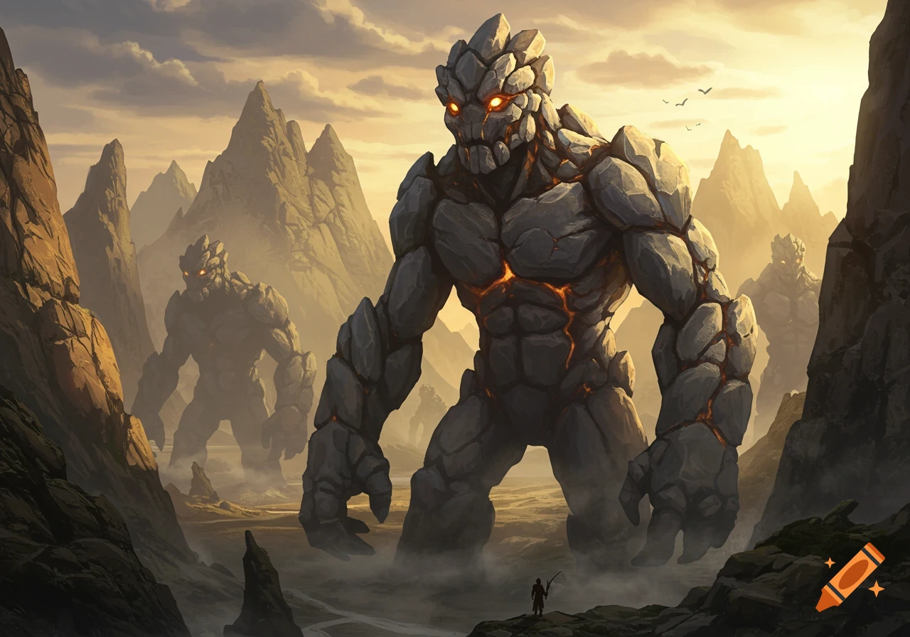 Massive glowing-eyed rock giants emerge from mist in a mountain valley, observed by a small figure. Fantasy art.