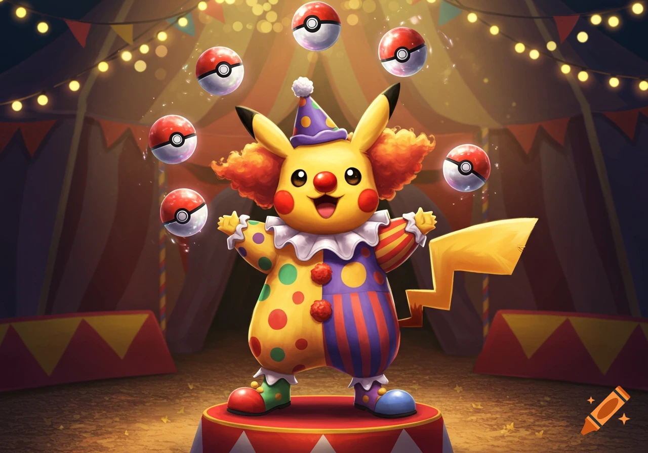 Cartoon Pikachu dressed as a colorful clown, juggling Pokeballs in a festive circus tent.