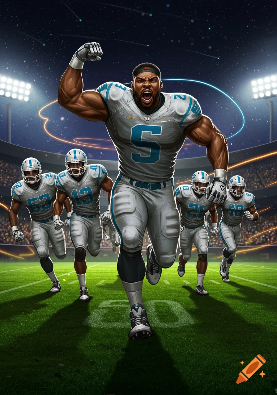 A muscular football player in a light blue and white uniform runs forward, celebrating with a raised fist, on a stadium field at night with other players following.
