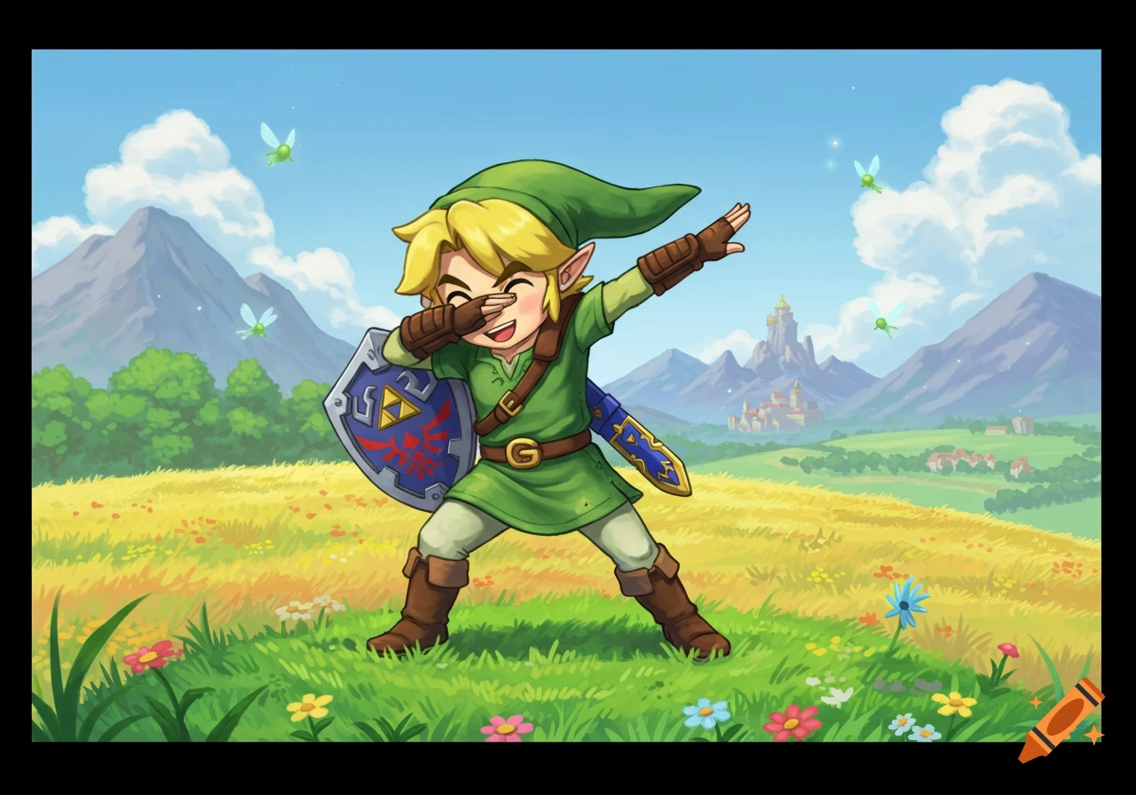 Cartoon Link dabs in a grassy field with fairies, mountains, and a castle under a blue sky.