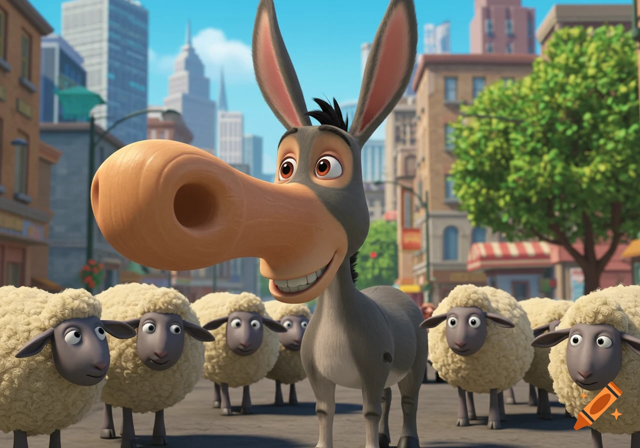 A smiling cartoon donkey with a long nose stands among sheep on a city street.