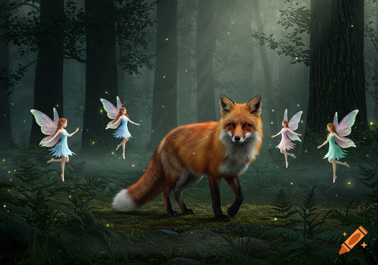 A red fox walks through a dark, magical forest as colorful fairies with glowing wings dance around it.