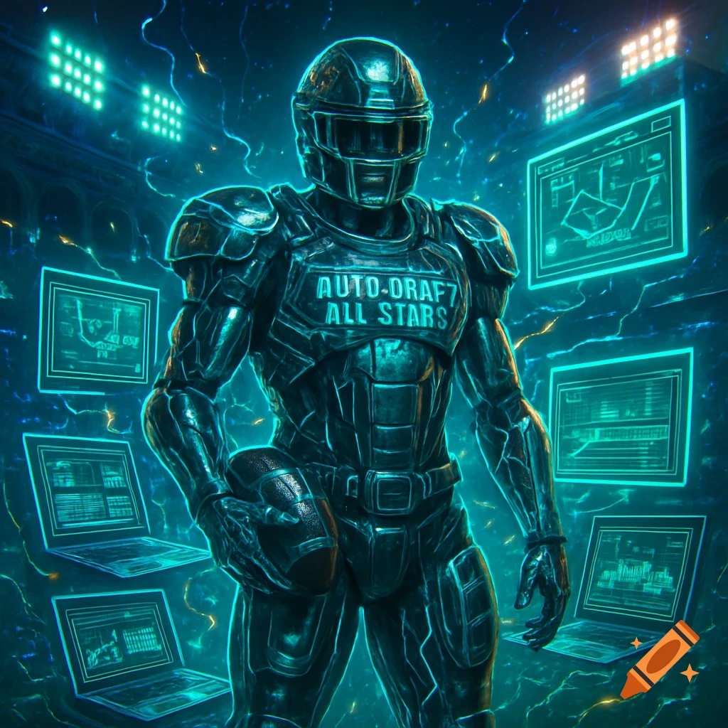 A futuristic football player in a glowing suit holds a football, surrounded by neon computer screens displaying data.