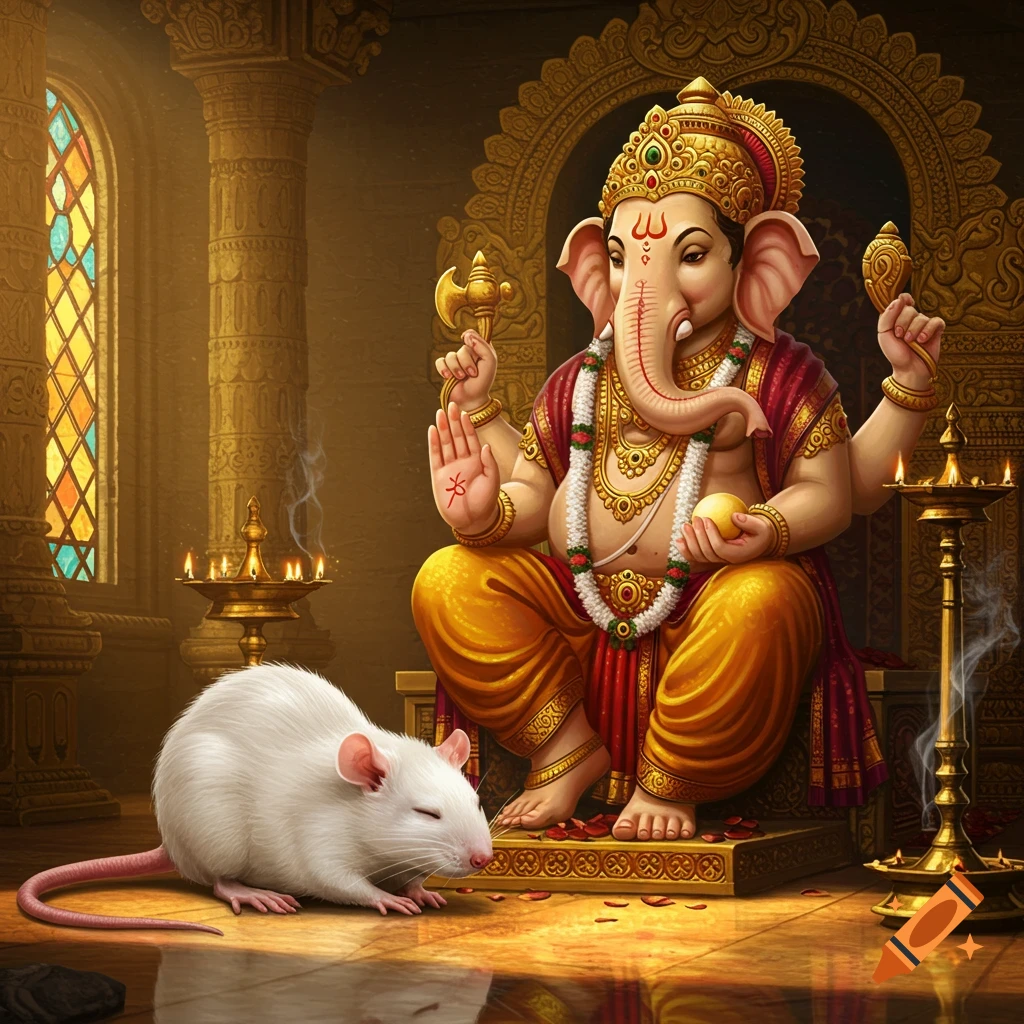 Photorealistic painting of Ganesha, the Hindu elephant god, sitting on a throne, with a white rat praying at his feet in a temple.