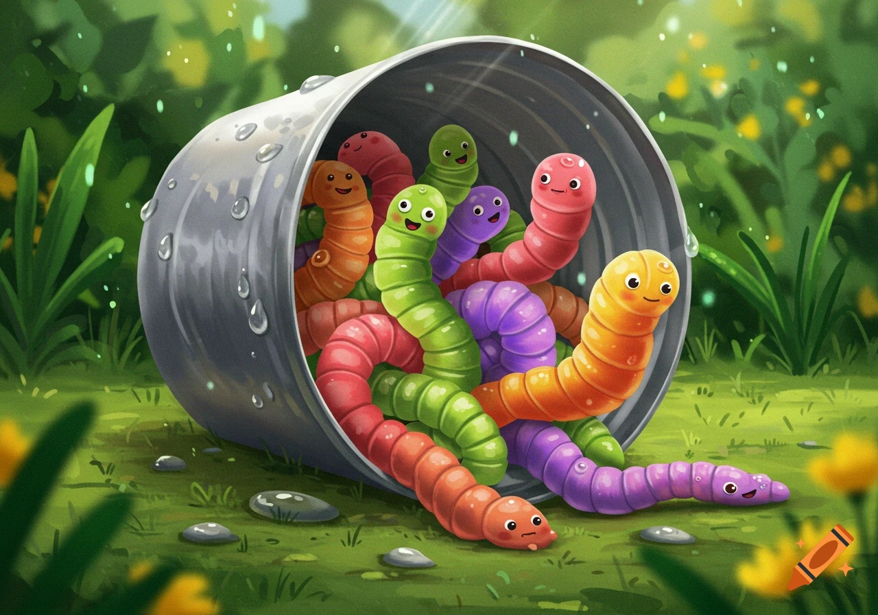 Colorful cartoon worms with happy faces spill out of a metal can onto the green grass in a whimsical illustration.
