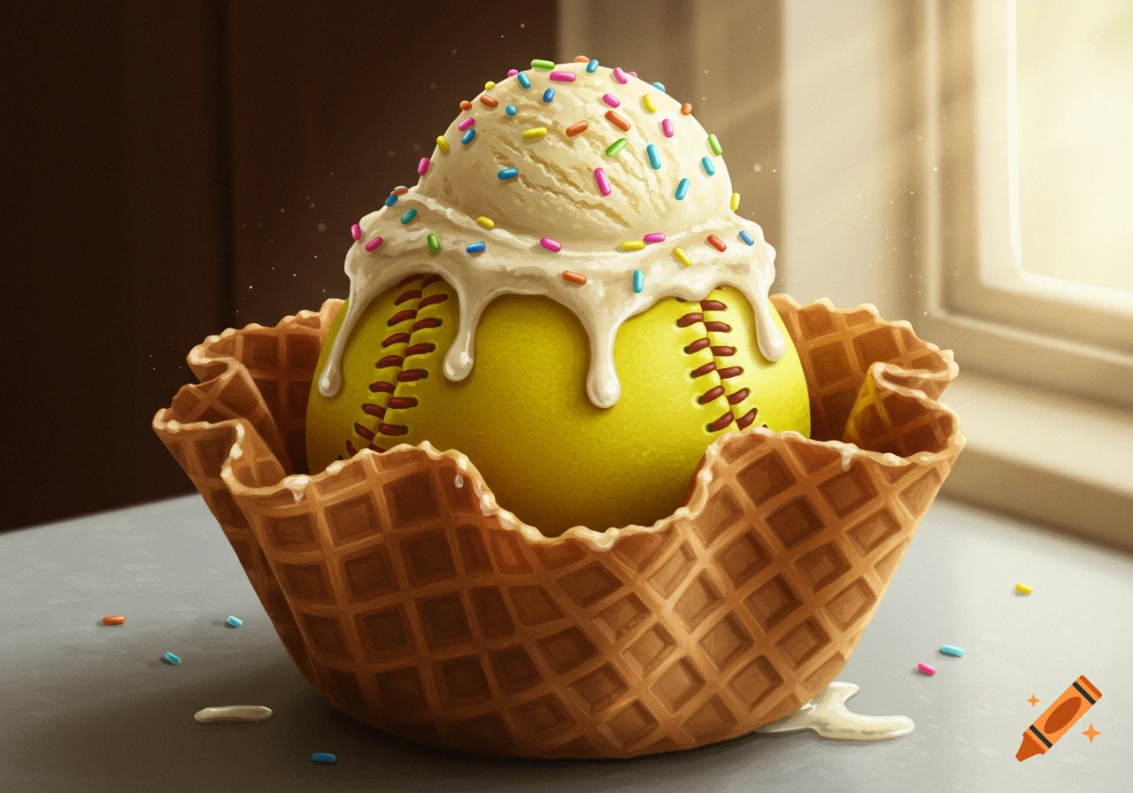 A yellow softball in a waffle bowl, topped with vanilla ice cream, colorful sprinkles, and dripping syrup, on a counter by a window.