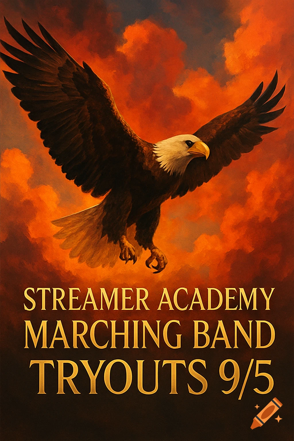 A majestic bald eagle soars against a vibrant orange and red cloudy sky, above golden text advertising 'STREAMER ACADEMY MARCHING BAND TRYOUTS 9/5'.