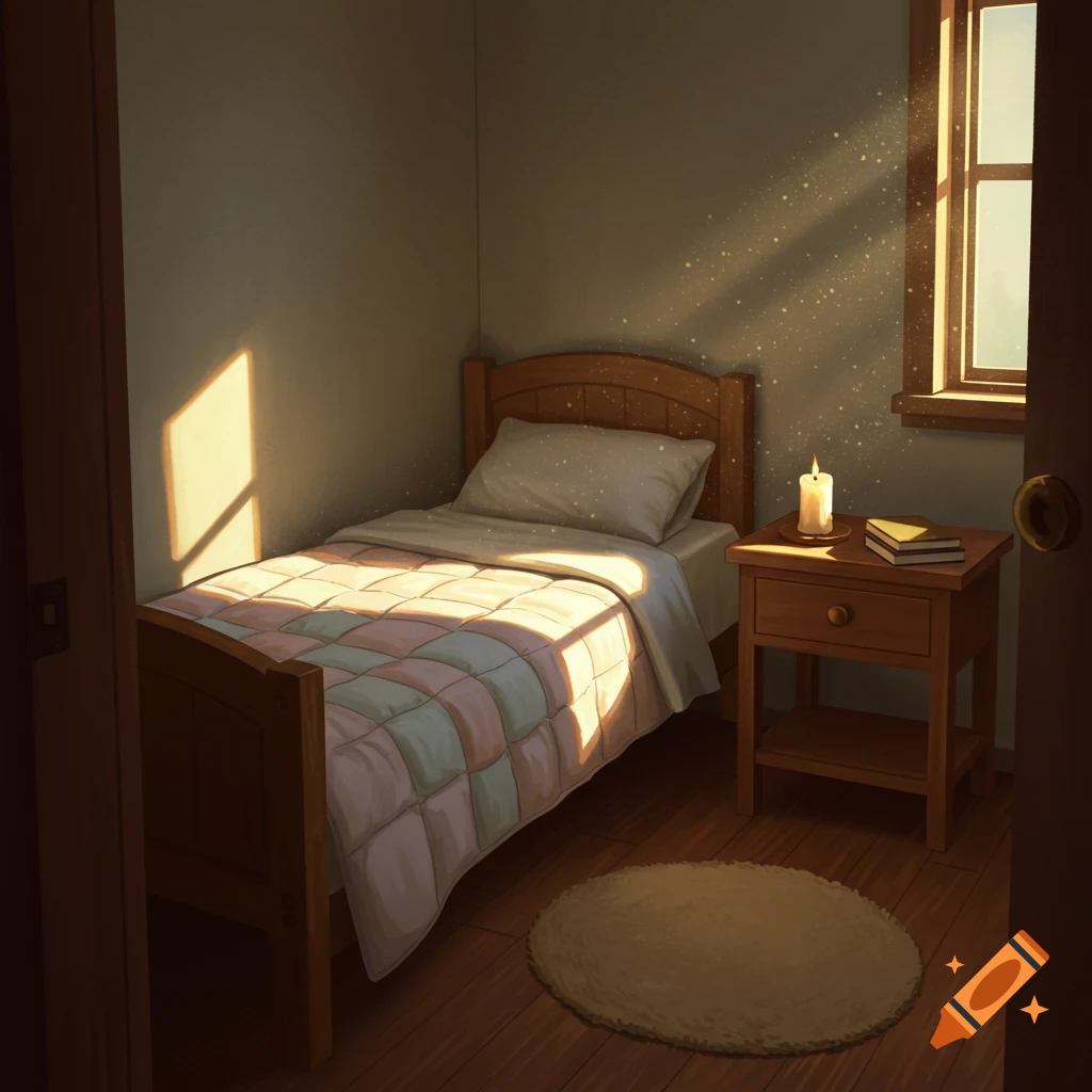 A warm, sunlit bedroom featuring a twin bed, a nightstand with a candle and books, and a round rug on a wooden floor.