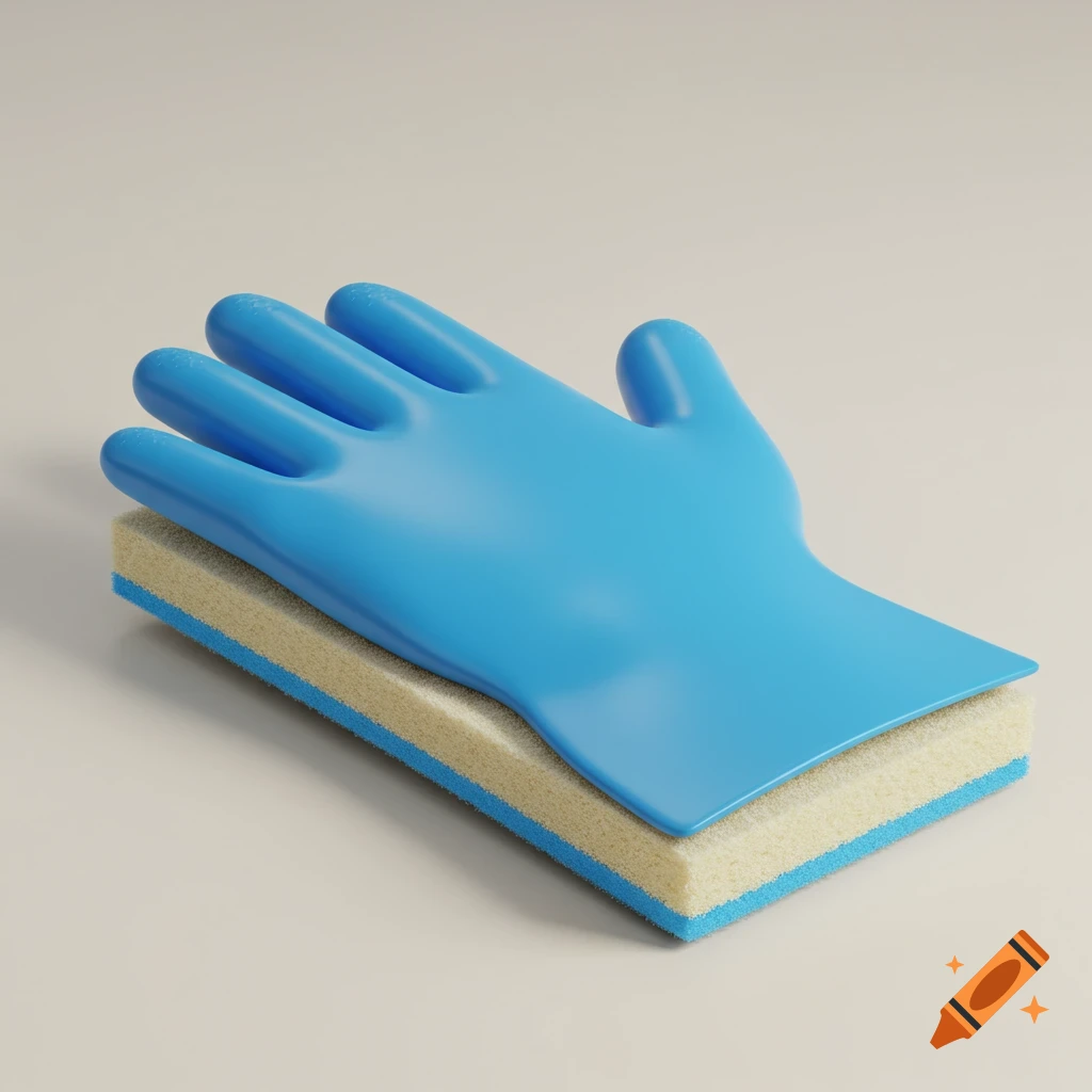 A light blue cleaning glove rests on a beige and blue polymer foam sponge.